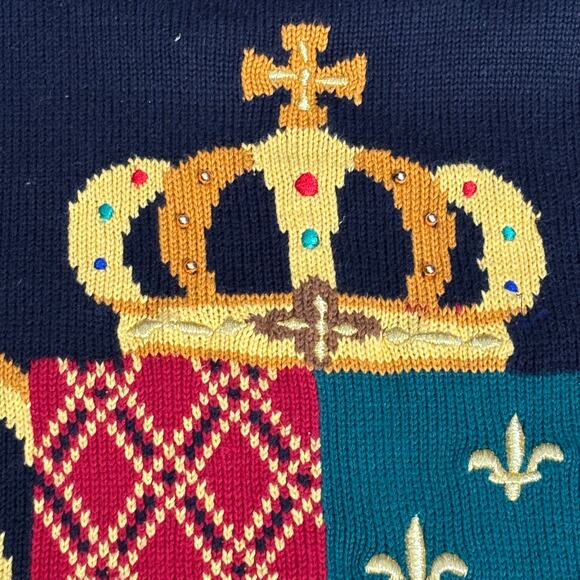 Vintage 90s Marisa Christina Black Knit Crewneck Crest Coat of Arms Sweater - Picture 11 of 13